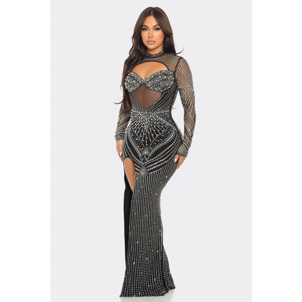 Women's Formal Wear Midnight Radiance Black Crystal Cutout Maxi Gown, Long Sheer Mesh Sleeves