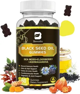 Black Seed Oil & Sea Moss Gummies with Elderberry, Ashwagandha, Turmeric & Vitamin D3, 60 Count