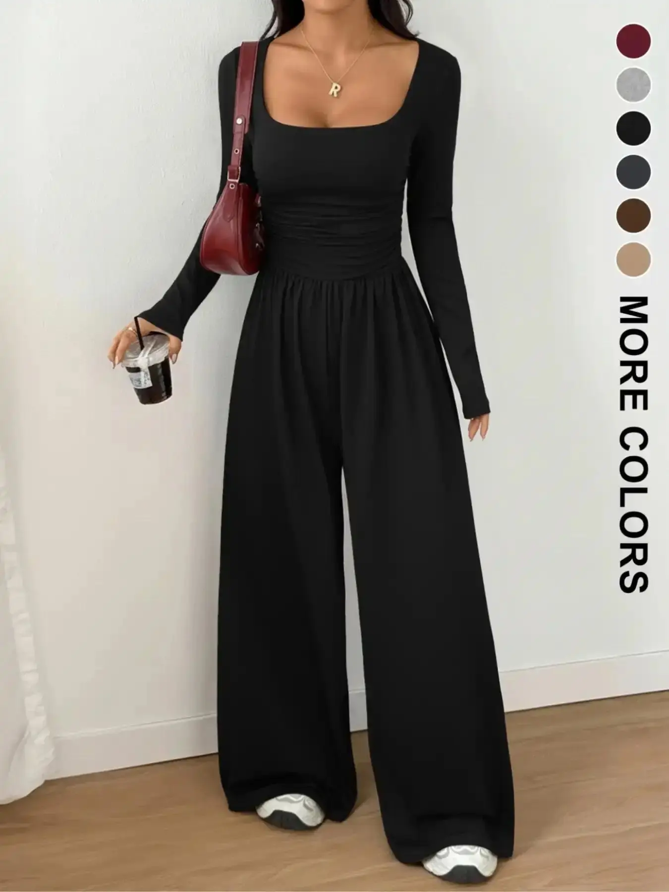 2026 Women's Fall Winter Knit Fitted Wide Leg Jumpsuit, Casual Fashion Plain Color Round Neck One-Piece, Versatile Long Sleeve Romper