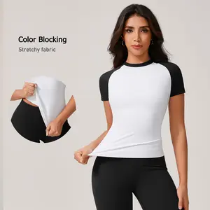 TimeOFF Women's Color Blocking Short Sleeve Workout Top - Stretchy Breathable Fabric, Slim Fit Raglan Sleeve Design, Moisture-Wicking to Stay Dry, Eliminates Movement Restriction, Perfect for Yoga, Gym, Running, Fitness & Casual Activewear