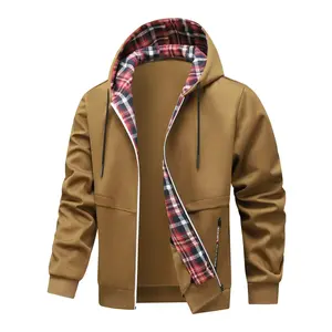 Men's Spring Autumn Hooded Casual Cardigan Jacket Coats, Scottish Plaid Lining Zipper Pocket Design, Unisex Daily Wear Outerwear