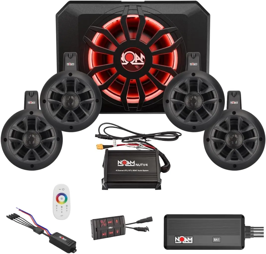 NDJT4-S Quad Marine Bluetooth Audio System - 4-Channel Amplifier, Mono Amplifier, 4 Tower Speakers, NSUB.3 Subwoofer for ATV/Golf Cart/UTV