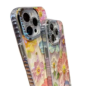 For iPhone 15 Pro Max Cute Oil Painting Flower Pattern Phone Case