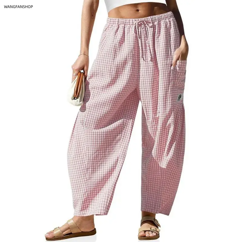 Women’s plaid lantern barrel-cut casual pants, high-stretch drawstring waist, 9/10 wide-leg lightweight plaid long pants with pockets—suitable for summer beachwear, vacations, and everyday wear.