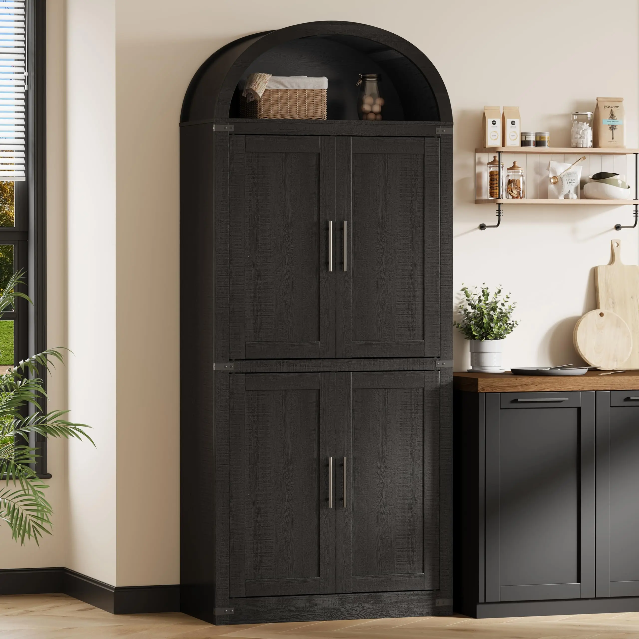 Arched Cabinet 71.6 in Tall Kitchen Pantry, Farmhouse Storage Cabinet, Arched Bookcase with Cabinets, 5 Tier Kitchen Cabinets for Dining Room,BLack pantry  cabinet tier bookcase