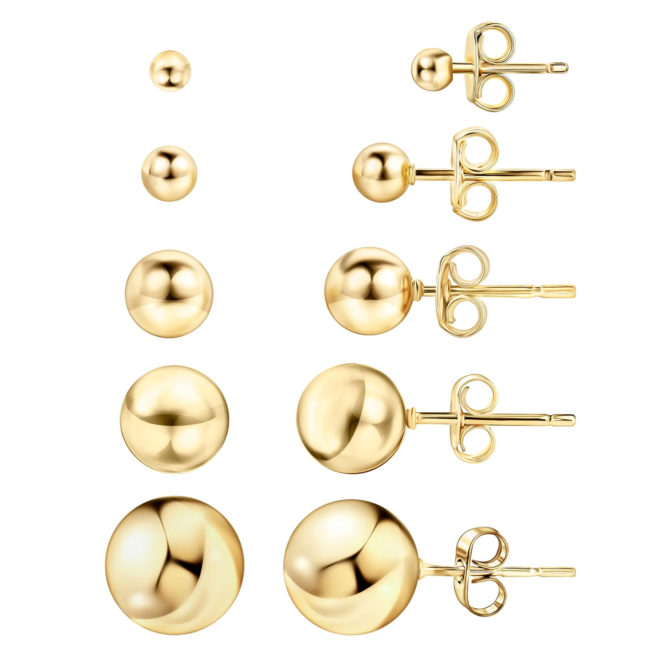 Barzel 18K Gold Plated Ball Stud Earrings Set, Sizes 3-10MM, 5 Pack, High Polish Finish Ball Suds