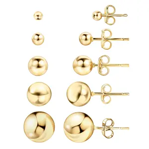 Barzel 18K Gold Plated Ball Stud Earrings Set, Sizes 3-10MM, 5 Pack, High Polish Finish Ball Suds