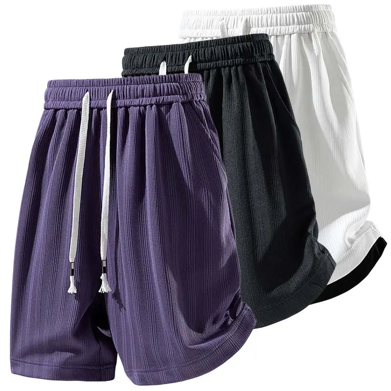 Men's Purple Waffle Knit Shorts, Loose-Fit Knee-Length Activewear with an Elastic Waist, Tassel Drawstring, and Pockets for Summer, Chic