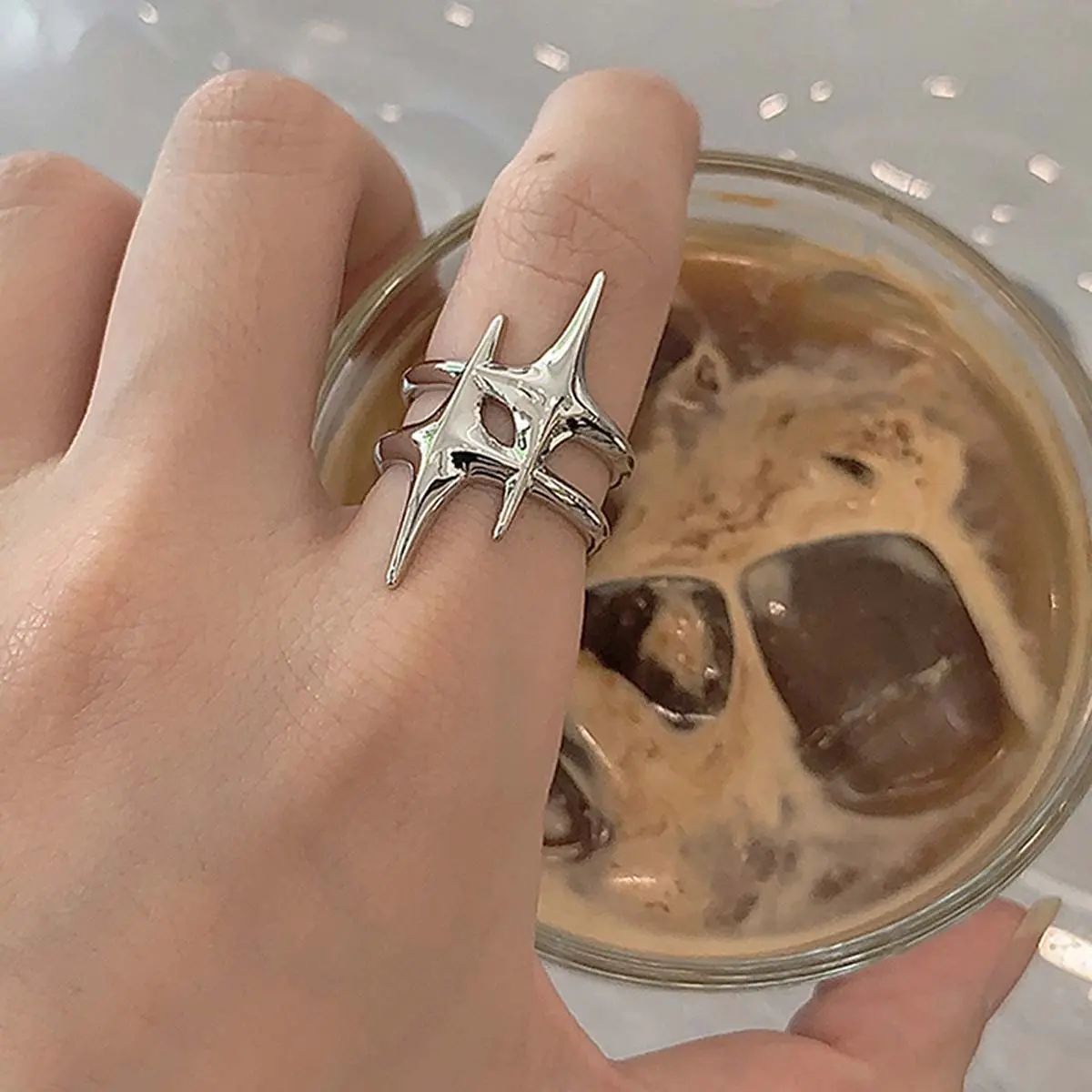 Fashionable and simple daily geometric star opening adjustable ring punk niche retro trend jewelry