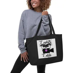Lights Camera Lash Tote - Large 100% Certified Organic Cotton 3/1 Twill 20"x14"x5" 6 Gallons Capacity 30 lbs Weight Limit Dual Straps Eco-Friendly Grocery Bag