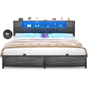 Homieasy King Size Bed Frame with Storage Headboard and Charging Station, Luxury Cool Queen Size LED Bed Frame with Storage, Bed with Light, New Smart Bed, Sturdy Metal Slat Support, No Box Spring Needed, Noise-Free, Black Oak