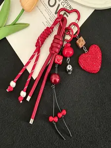 Heart Theme Beaded Keychain, Y2K Sweet Cool Style, Braided Fringe Heart Clasp, Dice Bow Charm, Fashion Accessory for Backpacks, Wallets, Car Keys