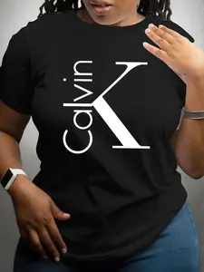 Women's Spring Summer Large Size Calvin Letter Print Round Neck T-Shirt, Fashion Casual Short Sleeve Top, Fitted Long Clothing