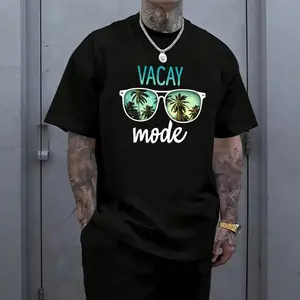 Men’s “Vacay Mode” graphic T-shirt featuring sunglasses and palm tree print, made from a soft cotton blend—perfect for summer vacations, beach trips, and casual vacation outfits.