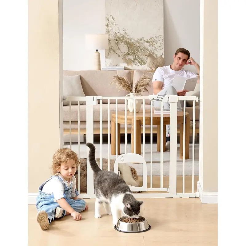 White Adjustable Pressure-Mounted Kitty Door Pass Gate, 29-43" Auto-Close Gate with 7 x 5.5 inches Double Lock, Easy Installation, Walk-Thru for Stairs & Doorways