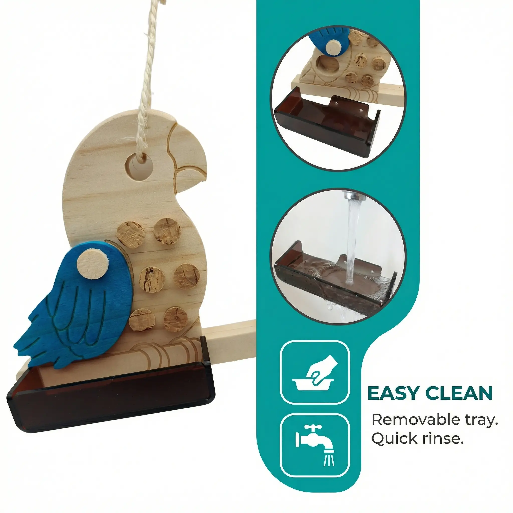 4-in-1 Parrot Foraging Toy: Perch, Cork Puller, Hidden Food Puzzle & birdFeeder - Natural Cork + Washable Acrylic Bowl with Wood Hook for Conures, Cockatiels (Extra Corks Included) bird parrot