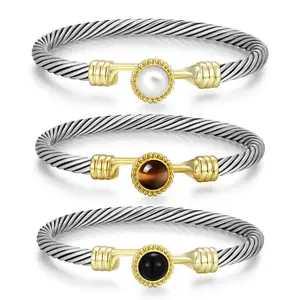Aprilery Gemstone Cable Cuff Bracelets – Adjustable Open Bangle with Natural Stone Accents, Mixed Metal Statement Jewelry for Women
