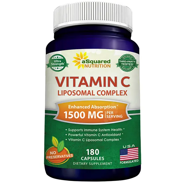 aSquared Nutrition Vitamin C Liposomal Complex - 1500mg Supplement - 180 Capsules - High Absorption Vit C Ascorbic Acid Pills - Supports Immune System & Collagen Health - 90 Servings