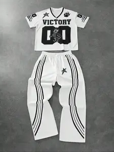 Men's Letter Print Tee & Tracksuit Pants Set, Activewear Regular Fit Casual Fashion Cozy Round Neck Short Sleeve T-shirt & Jogger Pants, Men Two-piece Outfits for Daily Wear