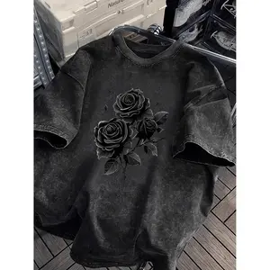 Rose-themed Printed Washed T-shirt | Loose Fit, Round Neck, Fashionable Women'S Short Sleeve, Suitable for Both Men and Women