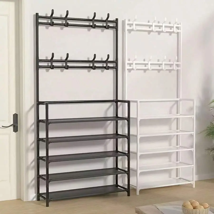 5-Layer Painted Steel-Plastic Freestanding Shoe Rack Organizer, Dust-Proof Storage Rack with 8 J-Hooks (Multi-Hooks for Bags), Transparent Smooth Finish, Large-Capacity Home Organizer for Shoes & Boots, Manual Measurement