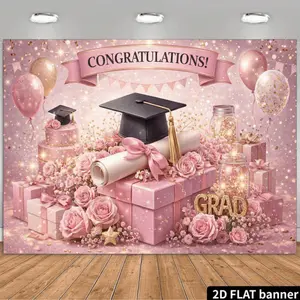 2D Flat Pink Rose Backdrop, Sparkling Starlight Theme, Featuring "CONGRATULATIONS!" Pink Banner, Black Graduation Cap, Golden Tassels, Pink Roses, White 'S Breath, Pink Candles, Pink Gift Box, Pink Christmas Balls, Golden Sequins And Pink Clouds