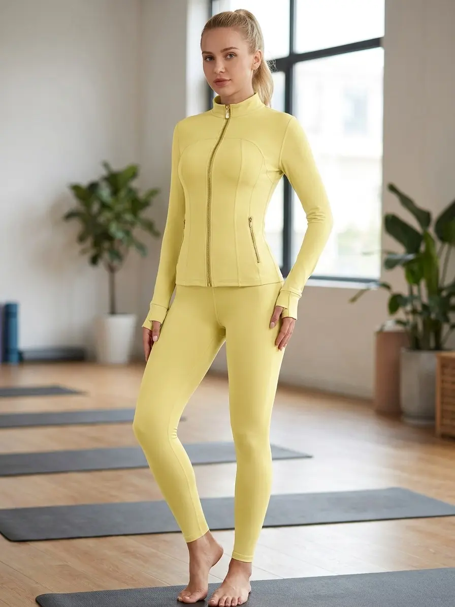 Women Stand Collar Full Zip Yoga Jacket Thumb Hole Long Sleeve Slim Workout Coat with Zipper Pockets, Jacket & Leggings Sold Separately
