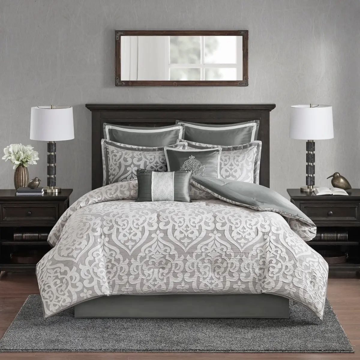 Madison Park MP10-5885 Dillon Jacquard Comforter Set, Silver - Queen - 8 Piece