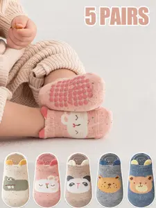 5 Pairs Children Socks Baby Walking Socks Girls Boys Non-Slip Indoor Floor Socks Cartoon Animal Pattern Kids Short Socks