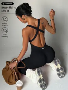 Women's High Elasticity Jumpsuit, Sporty Solid Color, Above Ankle Length, Perfect for Yoga and Fitness, All Seasons Wear