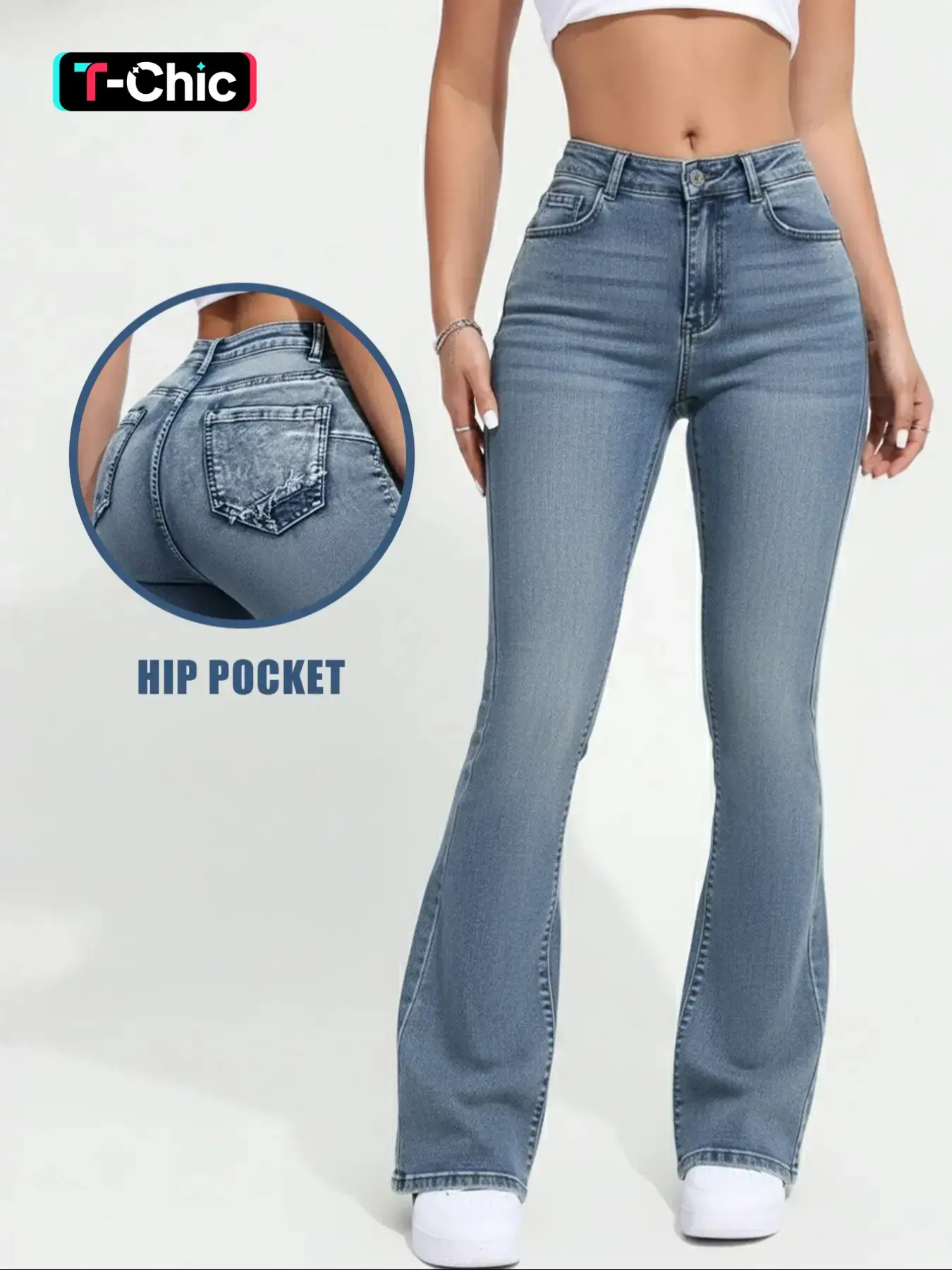 Autumn women's mid-rise washed stretch skinny flared leg denim jeans, Casual streetwear, hip-lifting slim fit flared pants, Christmas atmosphere wear, Button, Bottoms, Flared Fashion Denim