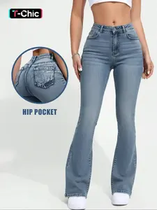 Autumn women's mid-rise washed stretch skinny flared jeans, Casual, hip-lifting slim flared pants, Christmas atmosphere wear, Button