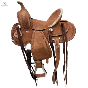 Western Youth Child Genuine Leather Saddle Hard Seat Saddle with Serpentine Tooled! Black Laces, Premium Quality Genuine Leather Saddle