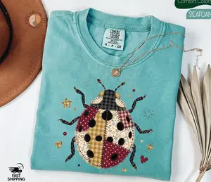 Faux Patchwork Ladybug Comfort Colors® T-shirt, Vintage Animals Boho Shirt, Lucky Ladybug Tee