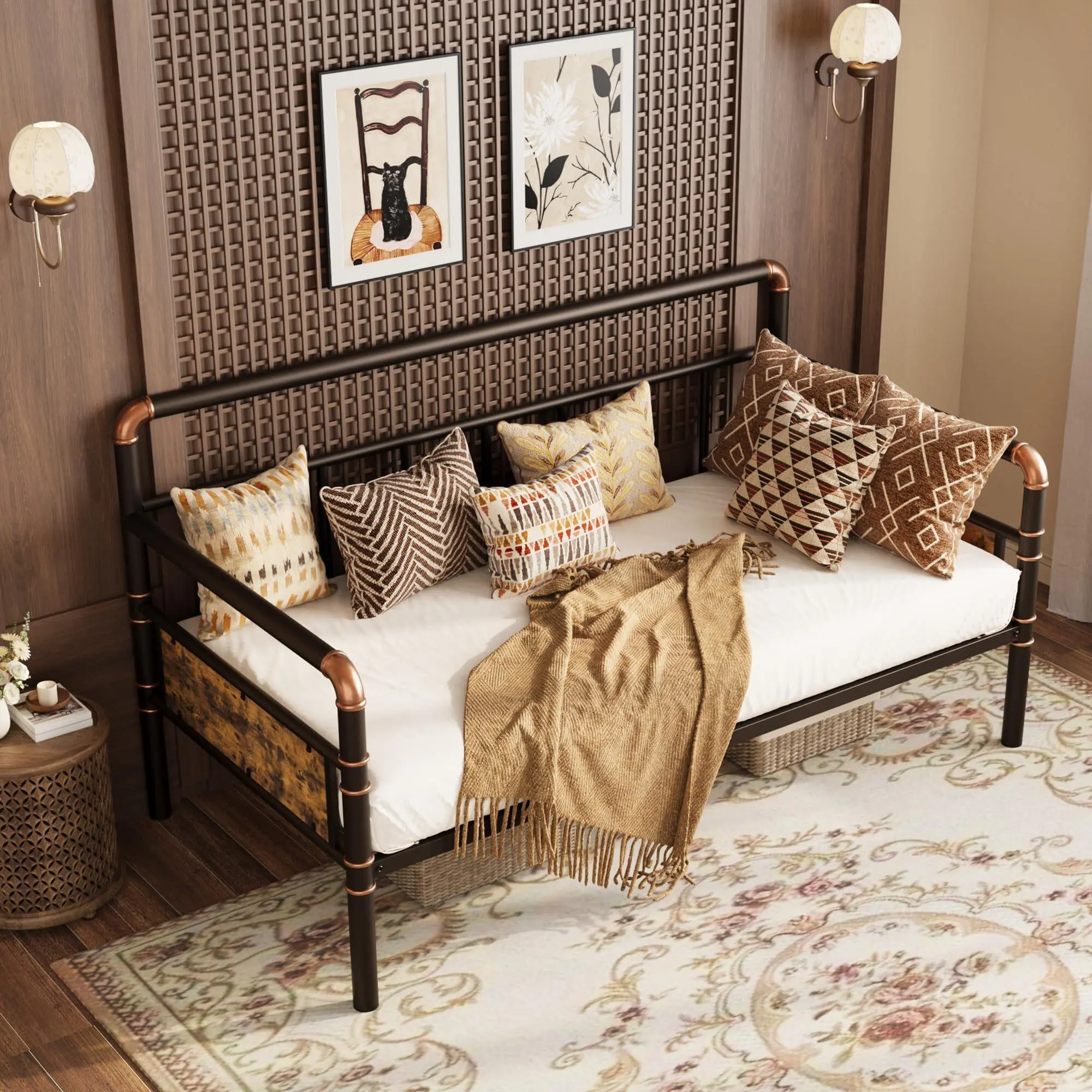 Metal Daybed Frame Twin Size,Heavy Duty Metal Twin Bed Frame,Daybed for Living Room Bedroom Guest Room, Brown