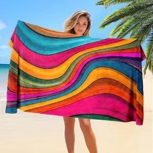 1pc Large Beach Towel, Tropical Rainbow Wave Design, Super Absorbent Quick Dry Microfiber, Lightweight Soft for Beach Pool Camping Travel