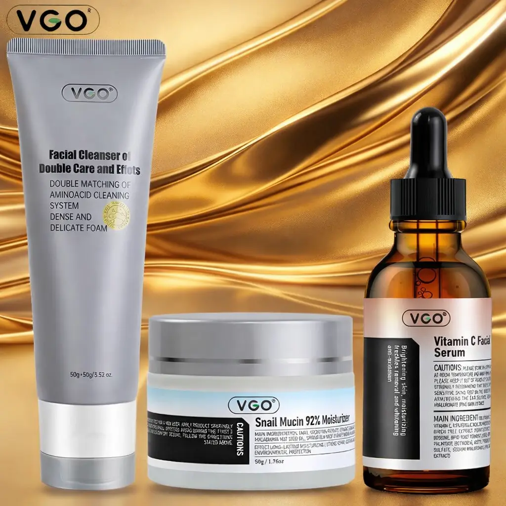 VGO 3-Step Skincare Kit - Facial Cleanser, Vitamin C Serum, 92% Snail Mucin Cream, Hydrating Lightweight Smooth Single Item for All Skin Types Daily Face Care Routine
