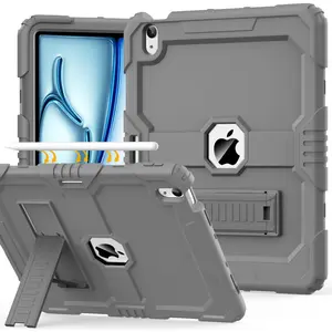 Case for New iPad Air 13 inch M3 (2025), for iPad Air 13-inch M2 (2024), Heavy Duty Shockproof Rugged iPad Air 13'' Protective Cover with Pencil Holder & Built-in Stand, Gray