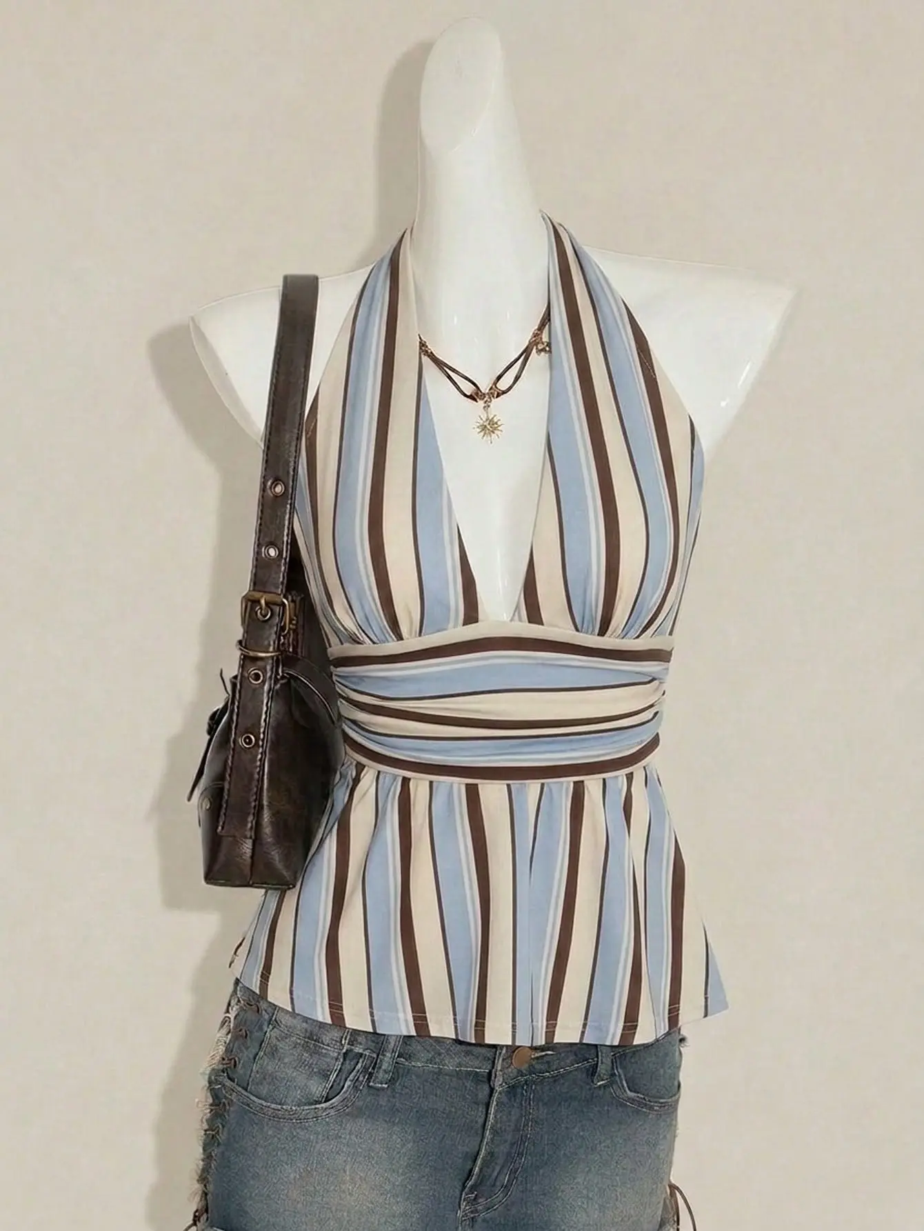 Women’s Brown Stripe Babydoll Camisole Top, V-Neck Backless Summer Tank for Women, 90s Retro Y2K Vacation Beach Festival Outfit, Classy Sleeveless Cami for Party, Cute Going Out Top