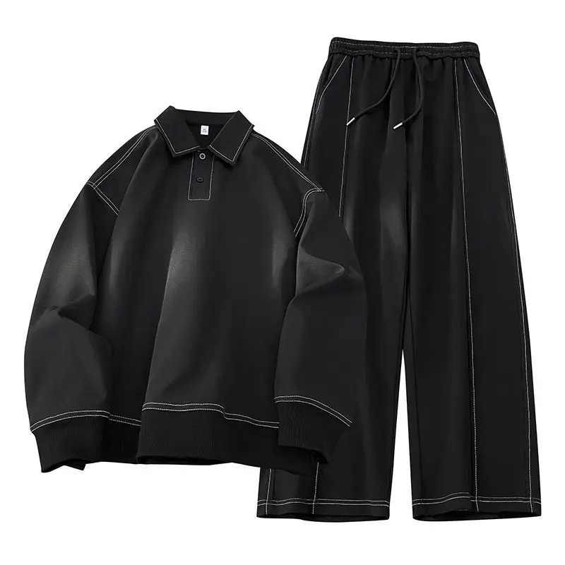 Men's 2-Piece Polo Sweatshirt and Pants Outfit in Solid Colors, Hong Kong-Style Loose Fitting Sportswear with Long Sleeves for a High-End Casual Look, Male, Clothes