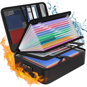 Fireproof File Box 5200℉, 15"×11.2"×4.3" File Bag, Foldable File Organizer with 13 Pockets and Labels, Lockable Portable File Storage Box, Black