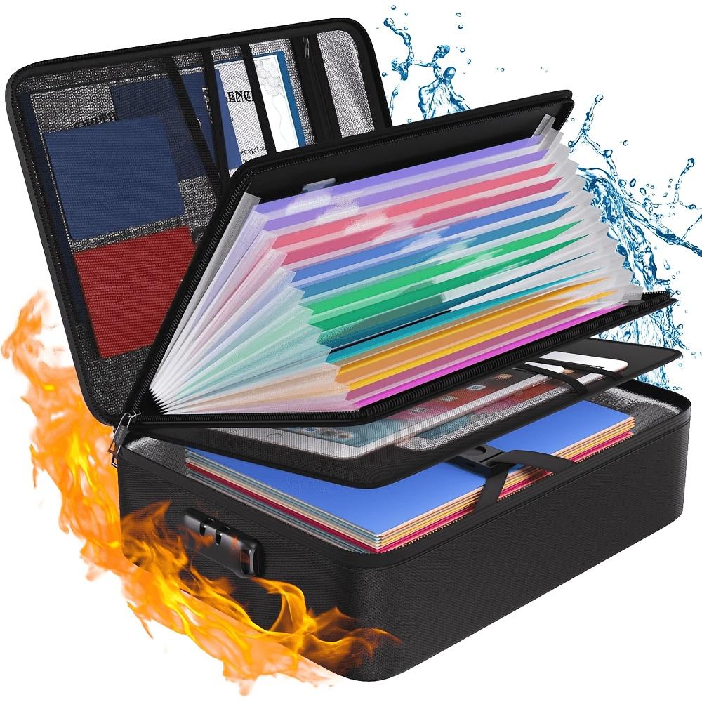 Fireproof File Box 5200℉, 15"×11.2"×4.3" File Bag, Foldable File Organizer with 13 Pockets and Labels, Lockable Portable File Storage Box, Black