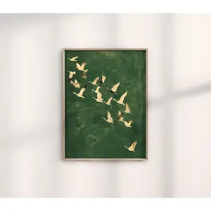 Japanese Crane Poster - Large Emerald Green & Gold Bird Wall Art, Unframed Print for Bohemian, Asian Inspired Decor