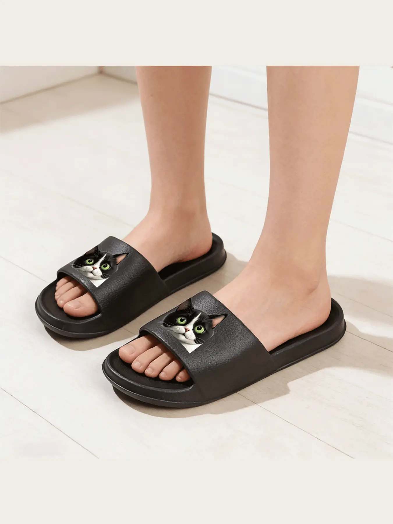 Cute Black White Cat Slippers with Green Eyes Soft Plush Indoor Home Shoes for Women Men Comfortable Non Slip Furry Animal Print Footwear Warm Cozy Winter House Slippers Adorable Pet Lover Gift