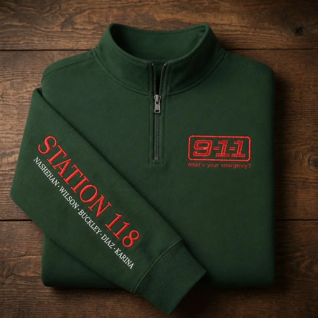 911 Fire Department Embroidered quarter zip, Station 118 Hoodie, Los Angeles Firefighter Crewneck, Oliver Stark Buck Fan Gift, TV Show Merch