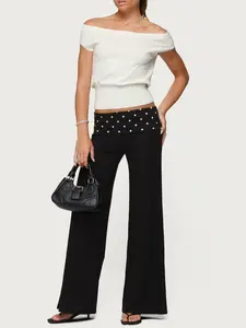Edikted Reeva Polka Dot Foldover Pants - Wide Leg Fit with Cotton & Spandex Material, Machine Washable, Size S, 31.9 Inseam