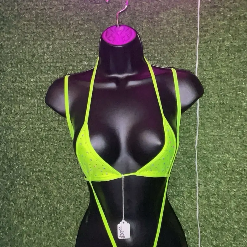 Neon Lime Rhinestone Micro Bikini Set