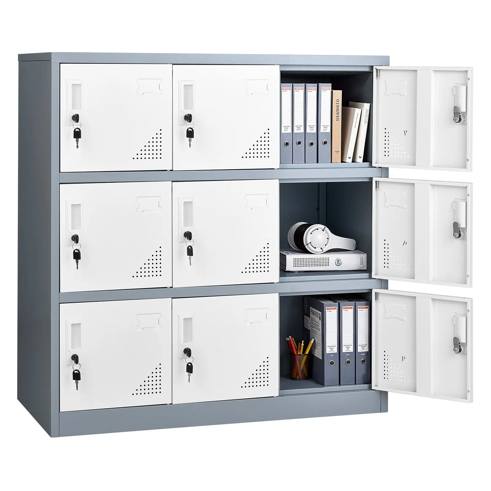 【DealsForYouDays】VEVOR 9 Doors Metal Locker, Lockable Steel Storage Cabinet, 66 lbs Loading Capacity, 2 Keys for Each Door, 3 Tiers Employee Lockers for Office, School, Gym, Easy Assembly, 35.4 x 17.7 x 37 in, Gray