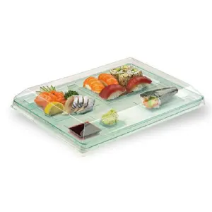 212 MAIN Transparent Green Rectangular Compartment Tray Plastic Plates Set, Indoor-Outdoor Recyclable Disposable Tableware Plates, Pack of 50