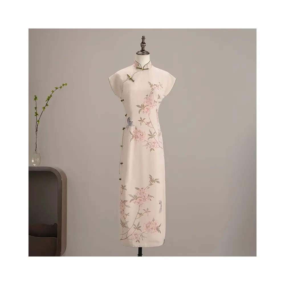 Cream Peony Long Qipao Dress | Neo-Chinese Cheongsam, Modern Oriental Dress, Elegant Evening / Daily Wear